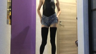 Uncut femboy in leotard play with dildo and her boypussy