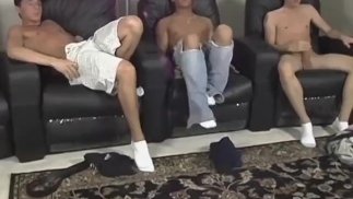 Masturbation session for three buff studs in the same room