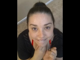 Just a Facial - Shy Lynn Strokes Big Cock until she Gets Cum all over herself
