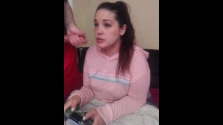 Gamer girl wife ignores dick and keeps playing Call of Duty after getting a big facial