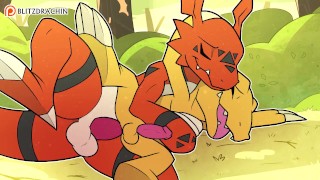 Patreon / Blitzdrachin : Agumon x Guilmon hentai furry yiff animación gay corrida sexo anal cuchara