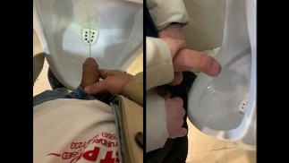 Wichs den Schwanz eines Kerls in einer öffentlichen Toilette. riskant