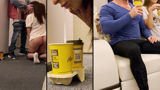 彼女は配達人のディックを吸って、彼女の寝取られに彼の精液を入れました-夫のコーヒー