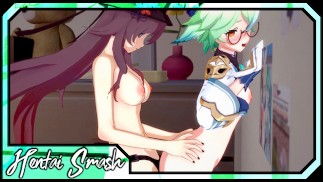 Hu Tao fucks Sucrose hard with a strapon - Genshin Impact Lesbian Hentai