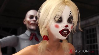 Joker fode uma loira sexy fofa com uma máscara de palhaço na sala abandonada