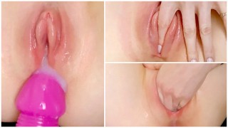 Une chatte charnue gonflée essaie de prendre un gode géant.  Fermer