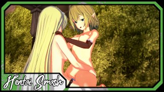 Ryuu Lion i Aiz Wallenstein uprawiają lesbijski seks i pieprzą się w ogrodzie - Danmachi Hentai.