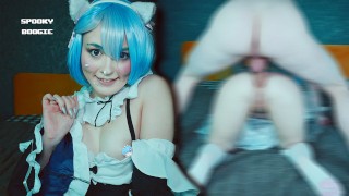 Cat fille Rem séduit Subaru pour baiser ses trous serrés - Anal Cosplay Re Zero Spooky Boogie