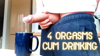 4 Orgasmen füllen Becher mit Sperma und Sperma trinken
