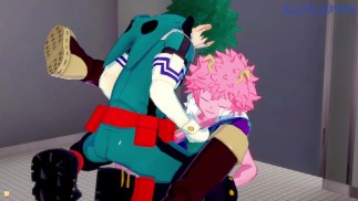 Mina Ashido e Izuku Midoriya fazem sexo profundo no banheiro masculino. - Meu Herói Academia Hentai