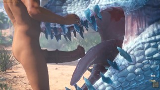 Kerl hat einen riesigen Drachen niedergestreckt