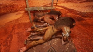 Zwei Gefangene werden von Monsterhähnen verschlungen 3D