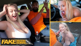 Fake Driving School - Große natürliche Titten blonder Hardcore-Sex und Gesichtsbehandlung nach Beinahe-Unfall mit Fake Taxi