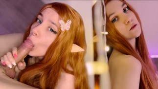 Rothaariges sexy Elfenmädchen lutschte meinen Schwanz und bekam einen Cumshot auf ihr Gesicht 4K