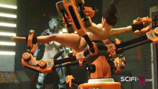 Ich will nur deinen Schwanz! Weibliche Roboter-Shemale fickt eine sexy vollbusige Brünette mit Handschellen im Sci-Fi-Labor