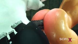 Sci-Fi-Sexmaschine. Eine super sexy Brünette wird von einer humanoiden Roboter-Shemale gefickt