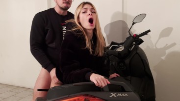 I fuck a teen on the XMAX in the garage, while my wife is in the house. Dirty dialogues