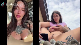 Modelo TikTok en playa pública con dildo, termina hermosamente.