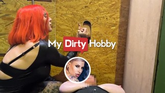 MyDirtyHobby - Vollbusige Rothaarige wichst harte Schwänze im Gloryhole