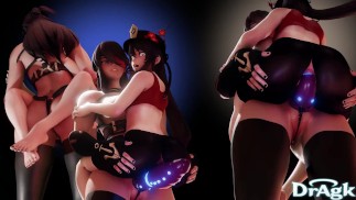 Hutao X Beidou Strap on Sex Genshin Dragon dildo Bad dragon