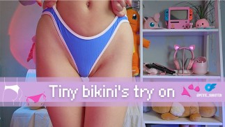 TINY BIKINI'S TRY ON by redhead with tiny shaved pussy