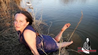 Wind Shivers My Nipples Hard As I Get Wet In Old Ripped Dress At Farm Pond