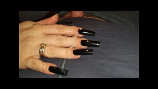Handjob Queen works Small Cock Slave with black Long Nails *Intense Cumshot*