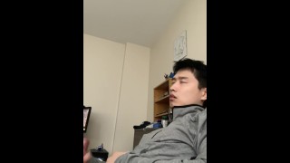 Cute Asian shooting his cum moaning and playing with his nipples