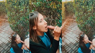 Garota chupa pau em parque público ao ar livre e engole porra, puxa bolas