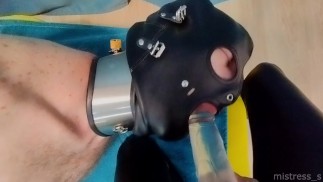 ¡Hogtied esclavo realmente le gusta chupar strapon! POV amateur real