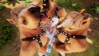 Sexe du matin. Trois énormes Furries ont baisé un droïde blonde dans la forêt, la forêt de l’amour