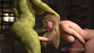 Futa orc avec une énorme bite baise une salope blonde sexy dans le château