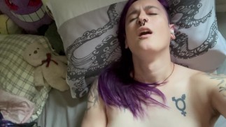 Hard-femme enby plays with perfect pussy and chokes on bad dragon