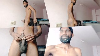 Rajesh Playboy 993 Bart Schnurrbart masturbiert Schwanz spritzt ins Gesicht. Vorhaut Schamhaar nackt