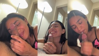La chupapollas colombiana is tan feliz con semen en la cara