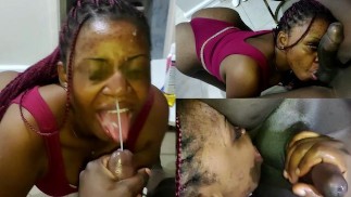 Ebonyステップダウターはパパにリムジョブを与え、顔に巨大なザーメンを取ります
