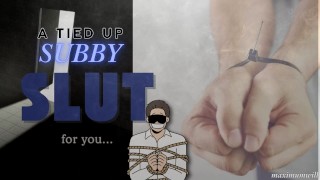 Subby WHIMPERING - Un chico obsesionado está atado a la cama y con los ojos vendados para su Pleasure