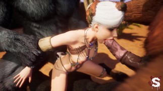 Sexy vollbusiges Babe wird von drei riesigen Minotaurus-Schwänzen in extremem Wild Life Sex gefickt