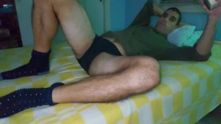 Hairy amateur Klaus Joe naked in his bed masturbating