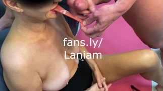 Stepson cumshot on huge tongue of stepmom .