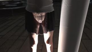 シャツとスカートにシースルーを身に着けている公共の場でパンティレス