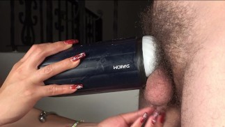 My hands left full of cum after end his balls and cock drain by this powerful sucking toy. SVAKOM
