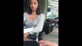 hot girl uses vibrator in public in front of her horny boyfriend.