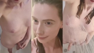 Busty TGirl accarezzando sotto la doccia