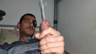 Eye-patched Man Erupts and makes a Huge Mess of Cum