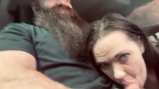 Bearded daddy getting sucked off while driving to church