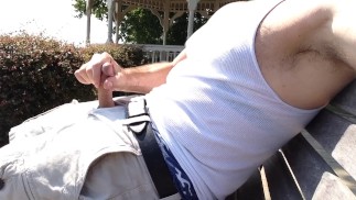 Public Jerking Off in my wife beater by the water in the cabana. Sagging in my boxers. Closeup cum