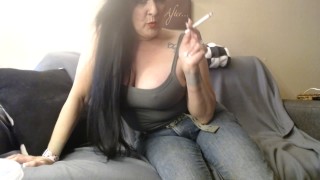 Hot Milf Nipples Smoking in Jeans
