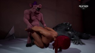 Des monstres mutants baisent une rousse dans une ruelle | Grosse bite | 3D animé | Faune